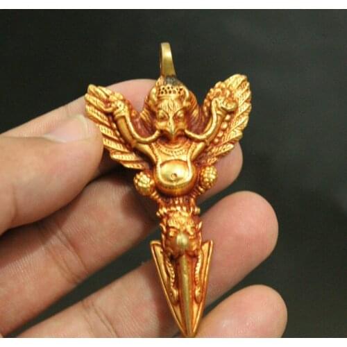 Tibetan Buddhism Bronze 24k Gold Redpoll Winged Garuda Pendant Amulet Necklace