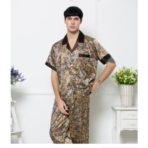 Casual Home Wear Mens Spring and Summer New Pajamas Sleep Pants Suit luxurious Printing Satin Sleepwear Comfortable Simple