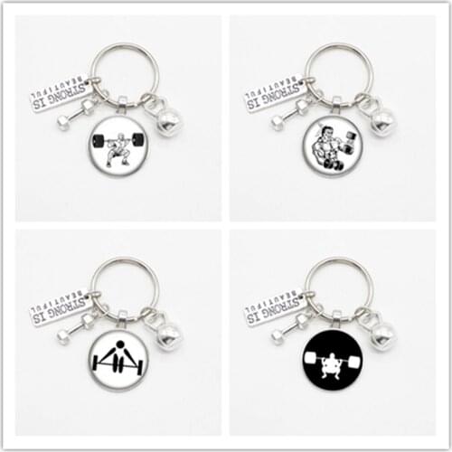 Retro Fashion Weightlifting Fitness Sports Design Keychain, Bodybuilder Men and Women Glass Jewelry Gifts Souvenir Jewelry