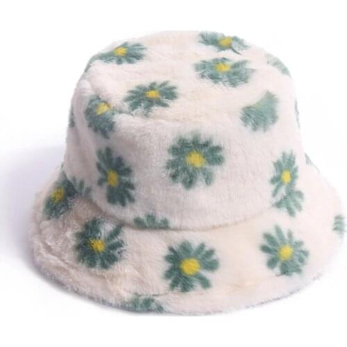 Faux Fur Winter Hats For Women Little Daisy Print Panama Bucket Hats Unisex Thick Warm Velvet 2021 New Fashion Fisherman Hats