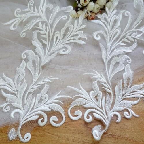 Light ivory Mirror Pair lace applique Beaded Lace Patch Embroidered Material Sewing Trim For DIY Wedding Dress Veil Accessories
