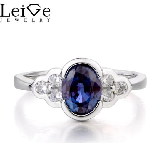 Leige Jewelry Promise Ring Alexandrite Ring Oval Cut Gemstone June Birthstone Bezel Setting Ring 925 Sterling Silver for Women