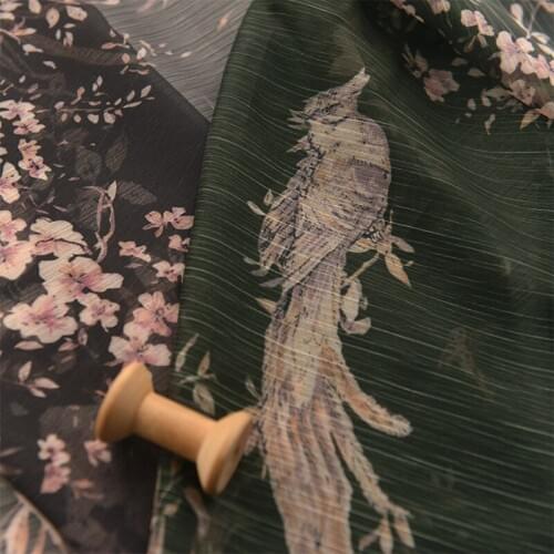 High quality thin Chiffon fabric Two sided and two-color flowers and birds material Dress scarf fabrics