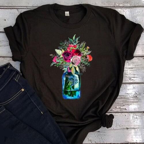 Rose Tee Flower Vase Women Fashion Clothing Flowers O-Neck Clothes Casual New Summer 2021 Graphic Tee Vintage Streetwear T