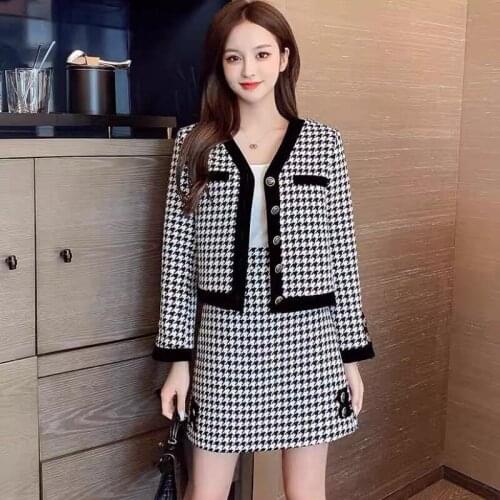 2021 Autumn New Arrival Female Houndstooth Stitching Knit Short Jacket Top + High Waist Skirt Suit Womens Clothes 2 Piece Set
