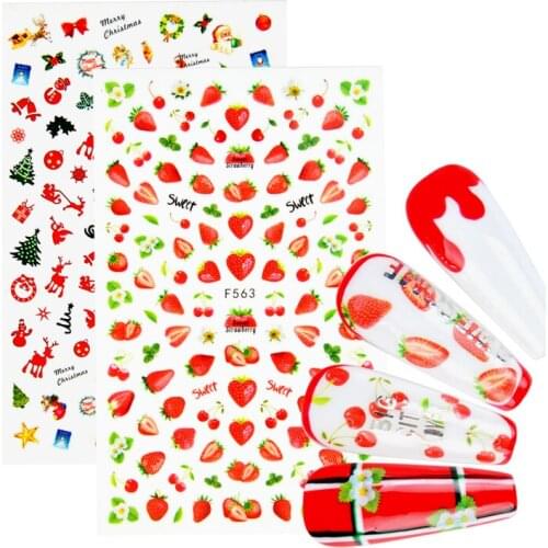 1 PC 3D Strawberry Cartoon Sticker Decals Christmas Design Adhesive Manicure Tips Nail Art Decorations