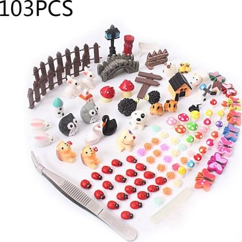 103PCS Succulent Plants Moss Furnishing Articles lovely Decoration Mixed Cute Animal House Fairy Garden Miniature Ornaments Kit