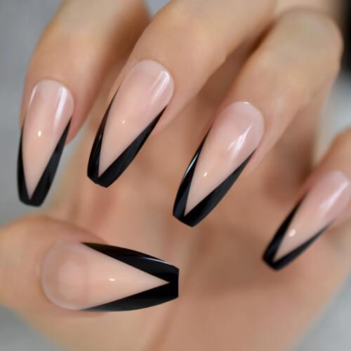 Ballerina False Nails Nude Large V Shape Extra Long Coffin French Nail Art Tips Predesigned Black Glossy Manicure Tips 24