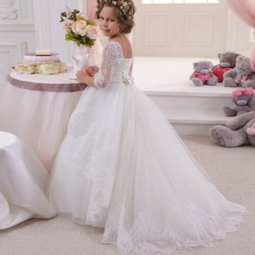 White Lace First Communion Dresses For Girls Trailing Flower Girl Dresses For Wedding Party Ball Gowns Stage Chorus Dresses
