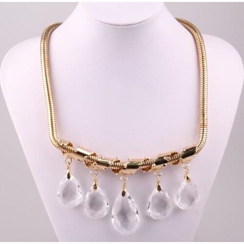 Free Shipping Fashion 5pc White Crystal Glass water drop pendant twist metal gold chain alloy gold Vintage necklace
