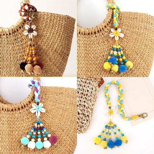 Colorful Wood Beaded Pompom Bell Boho Keychain for Women Cowry Shell Cluster Flower Cotton Rope Braid Key Chain Bag Accessories