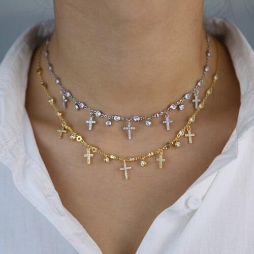 New arrive fashion cz station statement gold color heart cz drop cross charm delicate chain fashion women choker necklace