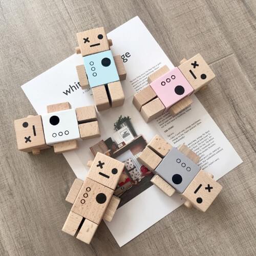 Wooden DIY Turnable Robot Dolls Nordic Fashion Design Wood Carving Gifts Home Accessories Room Decor Photography Props