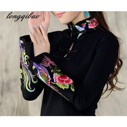 Chinese wind ladies 2019 spring large size embroidery national wind embroidery T - shirt female long - sleeved shirt TB02