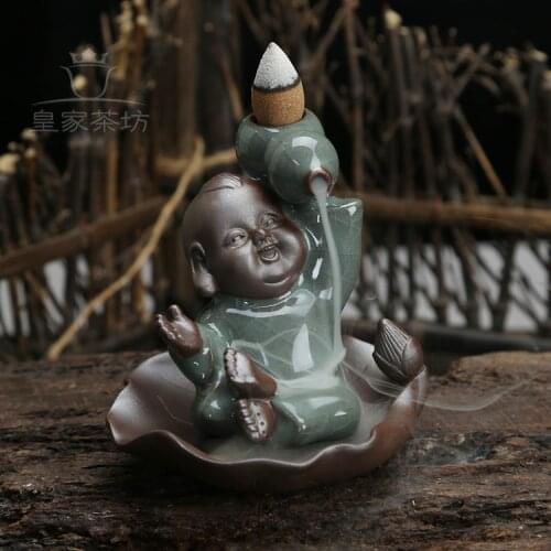 Ge-Kiln Monk backflow incense burner incense base furnace small boy monk ceremony creative pet ornaments home decor tea pet