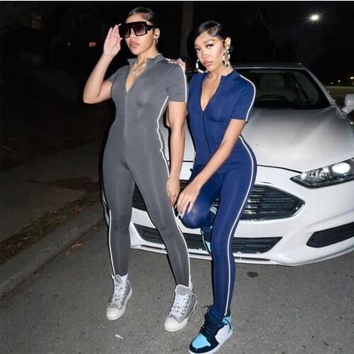 Imcute Reflective Stripe Women Short Sleeve Gym Jumpsuit Zipper V Neck Bodycon Sexy Streetwear Sporty Casual 2021 Summer Romper