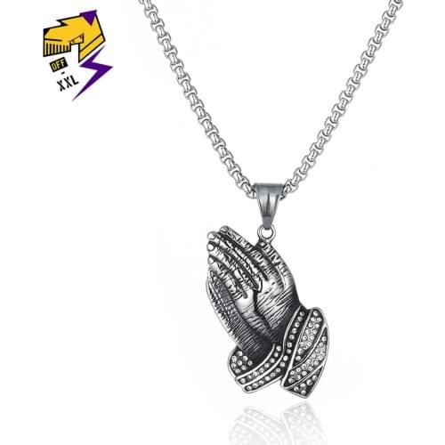 Classic Praying Hands Necklace Pendant Stainless Steel Mens Necklace Long Chain Gifts for Brotherr Figure Collier Trendy Jewelry