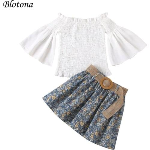 Blotona Girls 2Pcs Summer Clothes Set, Solid Color Flared Sleeve Ruffled Boat Neck Tops with Flower Printed Skirt 1-6Years