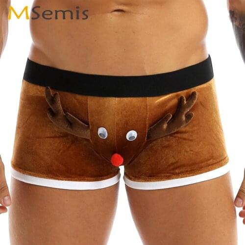 Mens Sissy Christmas Boxer Brief Underwear Cute Elk Pleuche Panties Sexy Low Rise Santa Claus Shorts Hombre Fancy Cosplay Trunks