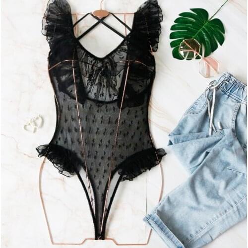 HUANBEAUTY New Sexy Mesh Lace Backless Cross Bind Bodysuit Bodycon Women Transparent Fashion Bodys Push Up Underwear HB366