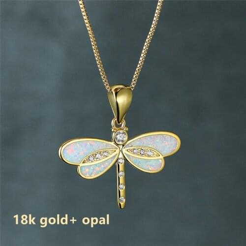 New Exquisite Dragonfly Blue Opal Pendant with Gold Chain Necklace Simple Fashion Diamond for Ladies Jewelry Gift