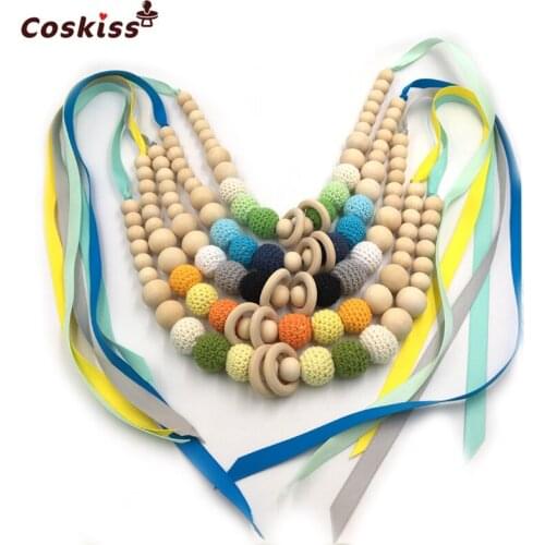 5pc Baby Teether Necklace Crochet Bead Safe Teether Necklace With Organic Natural Wooden Bead Mom Kids Wooden Teether Necklace