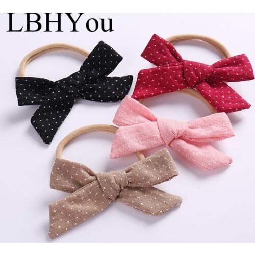 1pcs Fashion Cross Print Cotton Linen Bows Nylon Headbands Newborn Baby Knotbow Elastic Nylon Hairbands Princess Girls Hair Wear