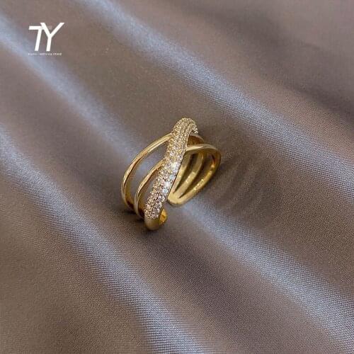 Luxurious Design Geometric Cross Gold Opening Rings For Woman Korean Fashion Jewelry Wedding Party Girls Unusual Ring Set