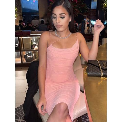 Avrilyaan Pink Mesh Pleated Sexy Bodycon Dress Women Robe Club Night Party Dresses Elegant Elasticity Midi Summer Dress Vestidos