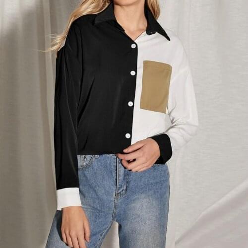 Shimai 2021Shirt Vintage Blouse Women show thin color loose stitching color long sleeve shirt pocket Blusas Shirt Female Casual