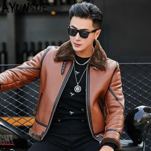 AYUNSUE Natural Sheep Fur Coat Winter Genuine Leather Jacket Men Short Sheepskin Coat Motorcycle Real Fur Coats W19a417 KJ3848