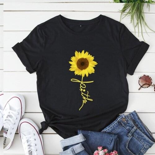 Ymwmhu Faith Sunflower Graphic Womens T-shirt Cotton Short Sleeve Fashion Summer Loose Fit Tshirt for Women Tee Shirt Plus Size