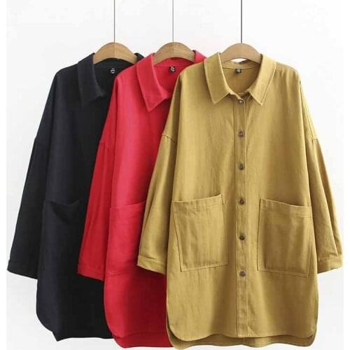 2019 Spring Cotton Shirt Top Women Plus size XL-4XL Long sleeve Big pocket Single-breasted Blouses Female Casual Shirts G343