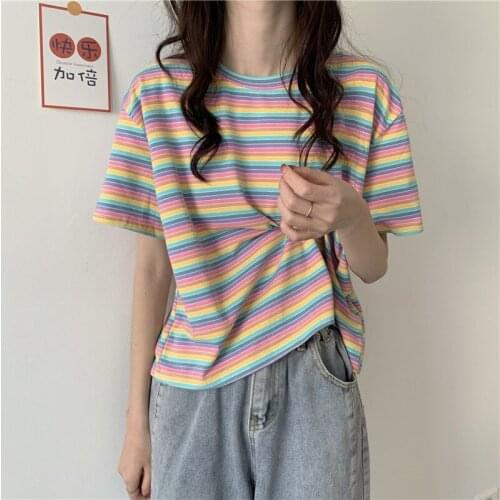 Vetement Femme 2021 Summer Striped Top Korean Casual Fashion Short Sleeve Slim All Match T-Shirt Woman Cotton Camisetas De Mujer