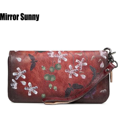 Wallets For Women Dragonfly Print Leather Female Long Zipper Purse Large Capacity Mobile Bag Retro Genuine Leather Clutch Wallet