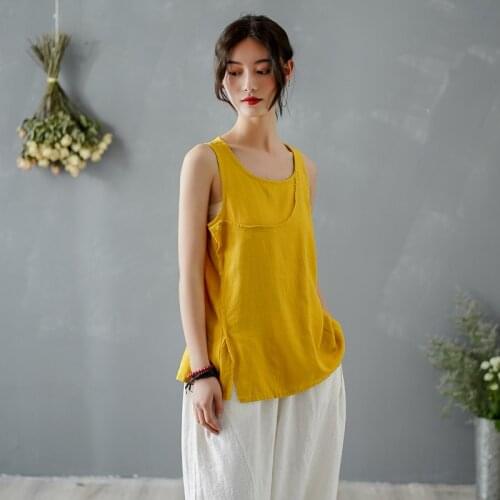 Women Summer Cotton Linen Patchwork Tanks Ladies Sleeveless Tops Female Solid Color Spliced Tanktops 2020