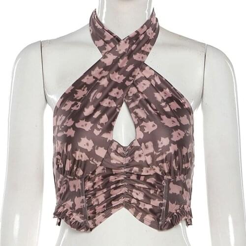 Women Halter Hollow Vest Girls Exotic Navel Chic Print Slim Fit Tank Summer Halter Slim Sexy Navel Camisole S/M/L