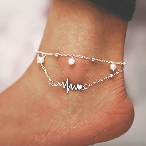 2Pcs/Set Women Faux Pearl Anklet Ankle Chain Bracelet Heartbeat Foot Jewelry