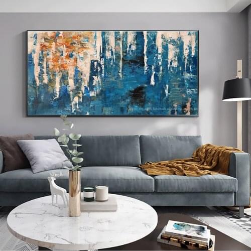 Abstract Painting Decor Wall Painting Living Room Blue Horizontal Modern Home Decoration 100% Handmade Oil Painting On Canvas