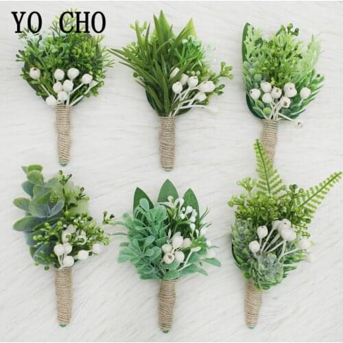 YO CHO White Green Boutonniere Forest Style Wedding Boutonniere Artificial Plant Leaf Berries Girl Bracelet Bride Wrist Corsages