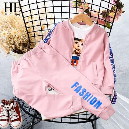 HE Hello Enjoy Childrens Clothes Girls Fall Outfits Flamingos Long Sleeve Print Letter Coat+Pant 2PCS Tracksuit Winter Clothing