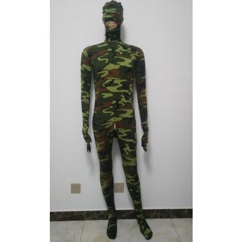 Halloween cosplay costume army green tights jumpsuit spandex Bodysuit Zentai Suits with crotch zipper Fancy removable hood