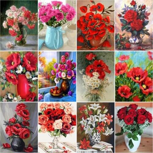 RUOPOTY Paint By Numbers Kits For Adults Children 60x75cm Frame Red flowers Oil Picture By Number Home Wall Art Paints DIY Gifts