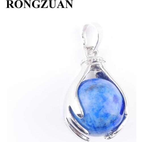 RONGZUAN Natural Lapis Lazuli 16mm Round Ball Stone Beads Silver Plated Hands Palm Pendants Reiki Chakra Healing Jewelry TN3146