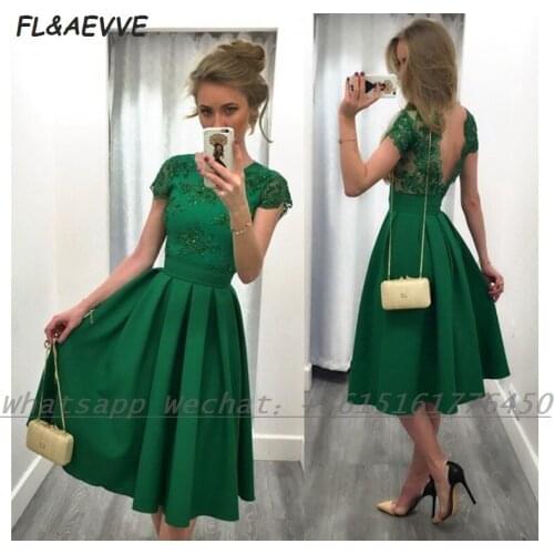 2021 Lace Evening Dresses A Line Open Back Cap Sleeves Tea Length Black Girls Wholesale Price Evening Party Gowns