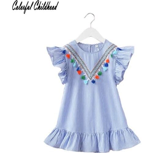 Summer Girl Dress Cotton Ruffles Sleeve Children Dress Striped Balls Tassels Kids Dresses Fashion Ethnic Style Girls Clothing