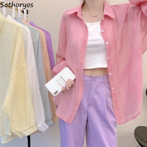 Long Sleeve Shirts Women Elegant Straight Tender Sexy Translucent Sun-proof Outerwear Hot Girls Solid Basic Candy Colors Blusas