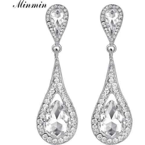 Minmin Teardrop Silver Color Bridal Wedding Earrings for Women Large Crystal Party Hanging Earrings Fashion Jewelry 2019 MEH246