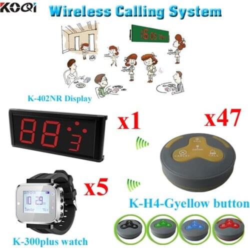 Restaurant Paging Ordering System Table Buzzer With Watch Receiver Moveable (1 display receiver+ 5 watch +47 table bell button)