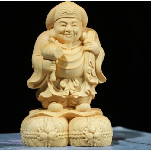 6CM/10CM Boxwood Statue Wood Buddha CraftHome Decor Feng Shui Office Decoration Sculpture Japanese God of Wealth Mahakala